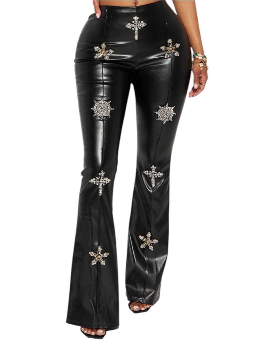 Fashion Nova Black Faux Leather Flared Embellished Pants Medium